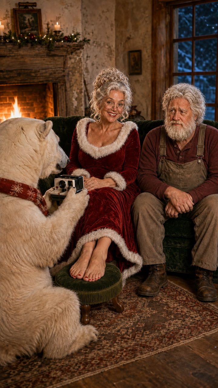 A polar bear photographing Mrs. Claus's feet